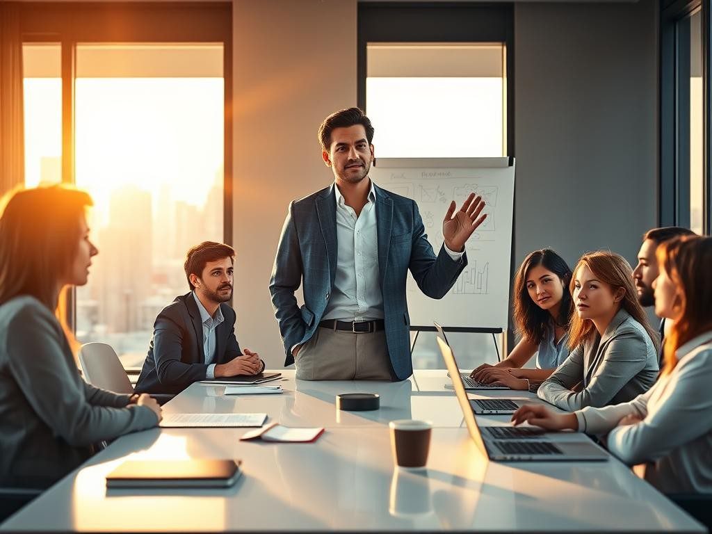 lider seguro en oficina moderna equipo diverso ambiente dinamico y enfocado