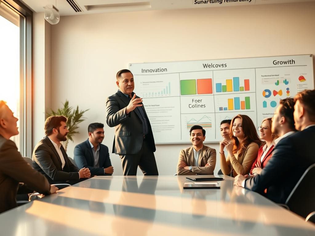 lider seguro en sala moderna luz calida equipo atento ambiente motivador