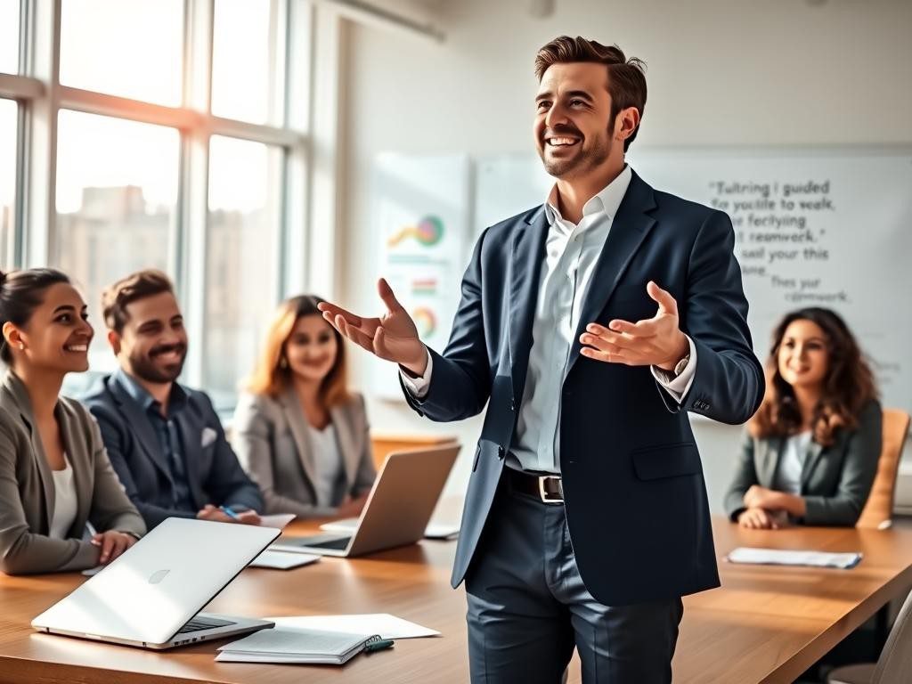 lider seguro inspira a equipo diverso en oficina luminosa y motivada