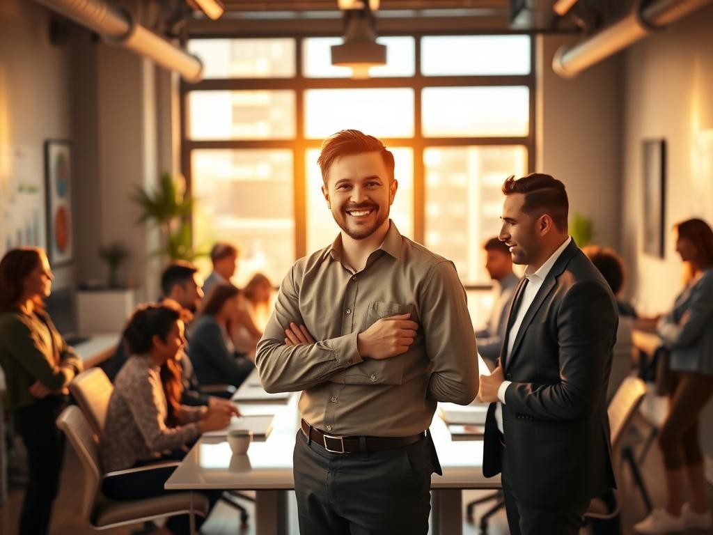 lider seguro inspira a un equipo diverso en oficina luminosa y colaborativa