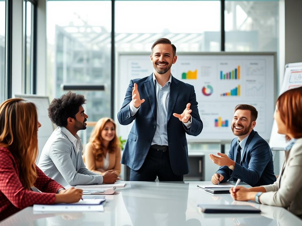 lider seguro inspira equipo diverso en oficina moderna llena de energia