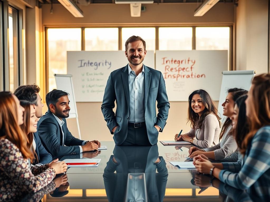 lider seguro y sonriente en oficina moderna rodeado de equipo diverso
