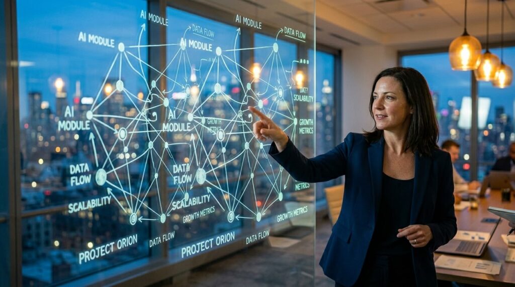 lider senalando esquema de nodos en cristalera de oficina