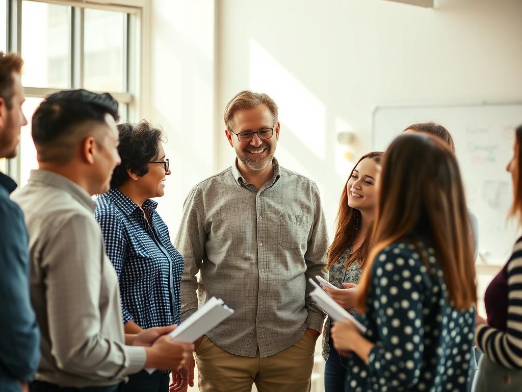 lider sonriente escucha a su equipo en oficina luminosa y colaborativa