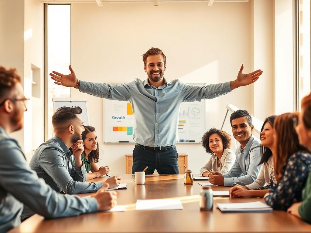 lider sonriente y confiado inspira a equipo diverso en oficina luminosa