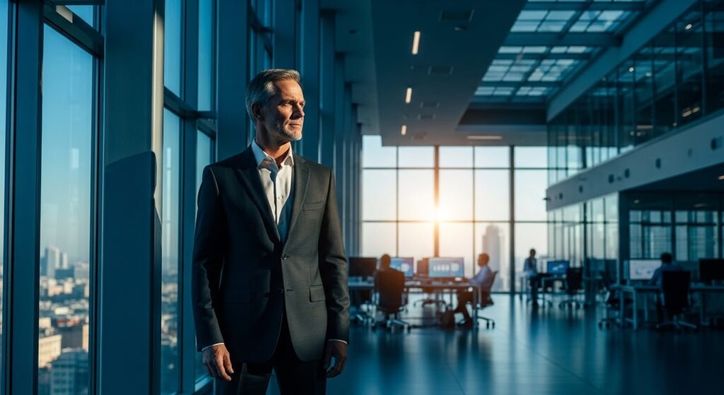 lider veterano en oficina moderna contemplando ciudad al amanecer