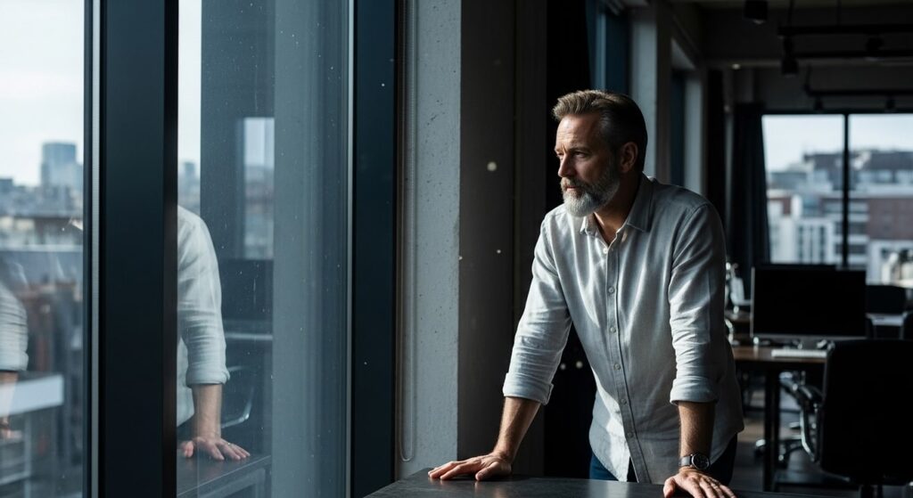 lider veterano reflexivo junto a ventana en oficina moderna
