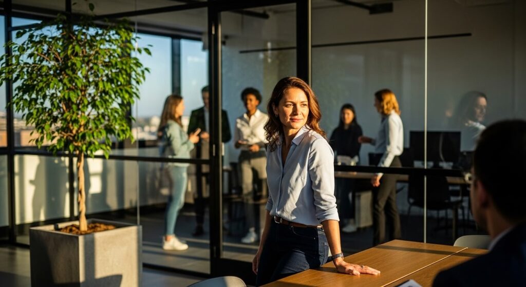 lider visionaria en oficina moderna con equipo al atardecer