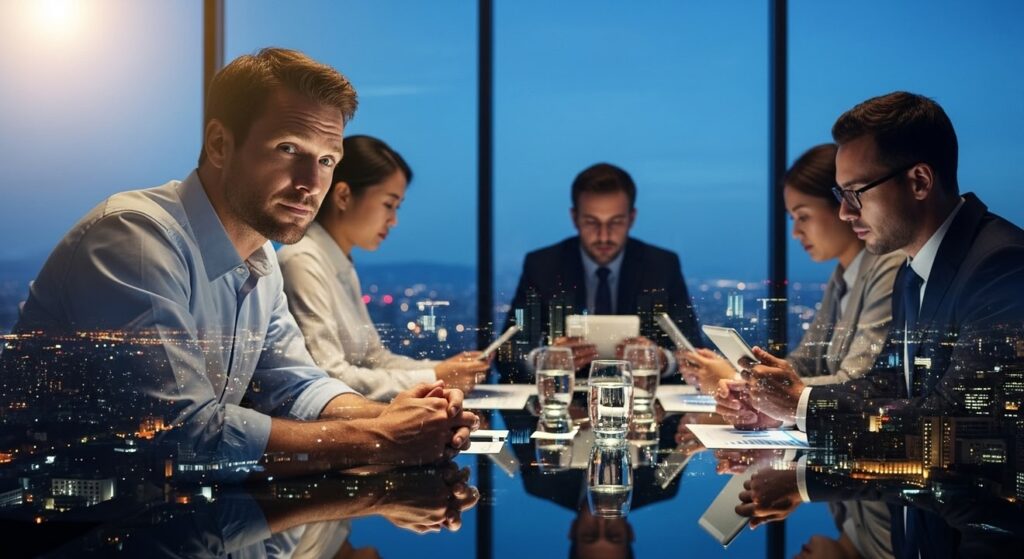 lider visionario en oficina moderna hablando con su equipo