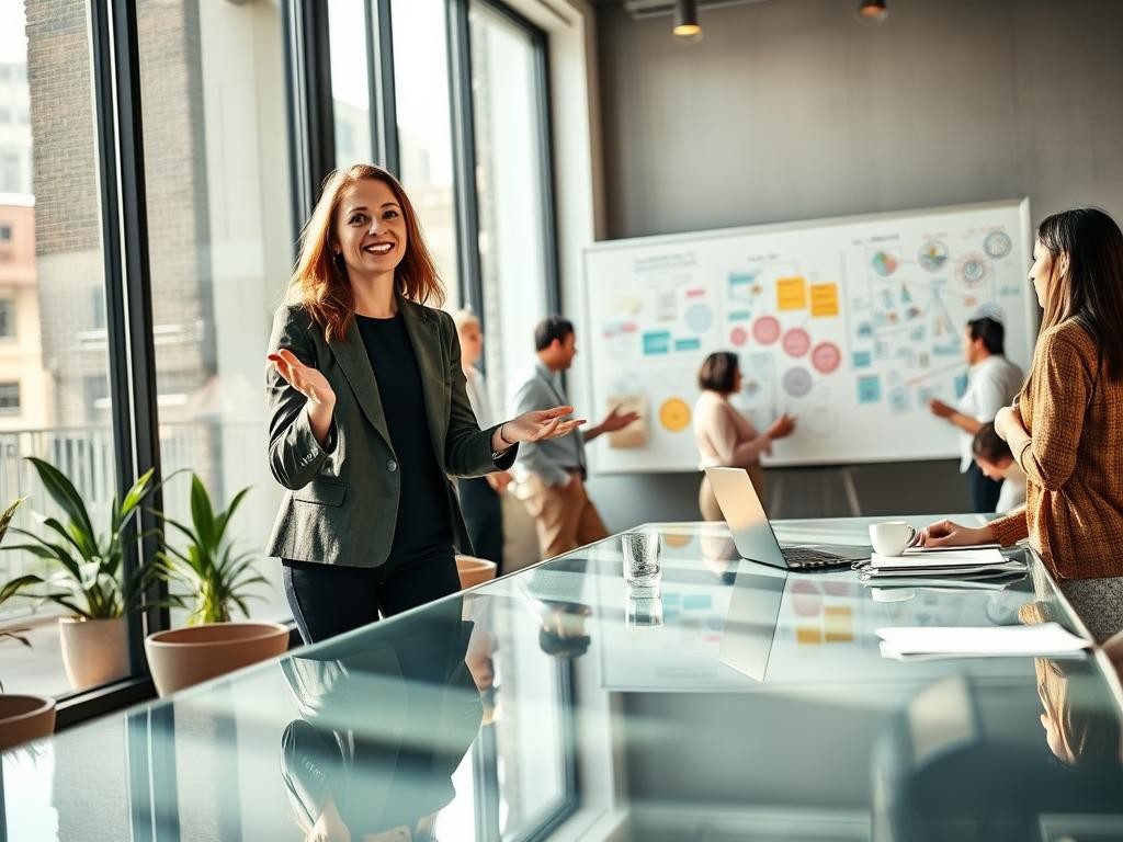 lideres diversos en oficina moderna colaborando con entusiasmo y confianza