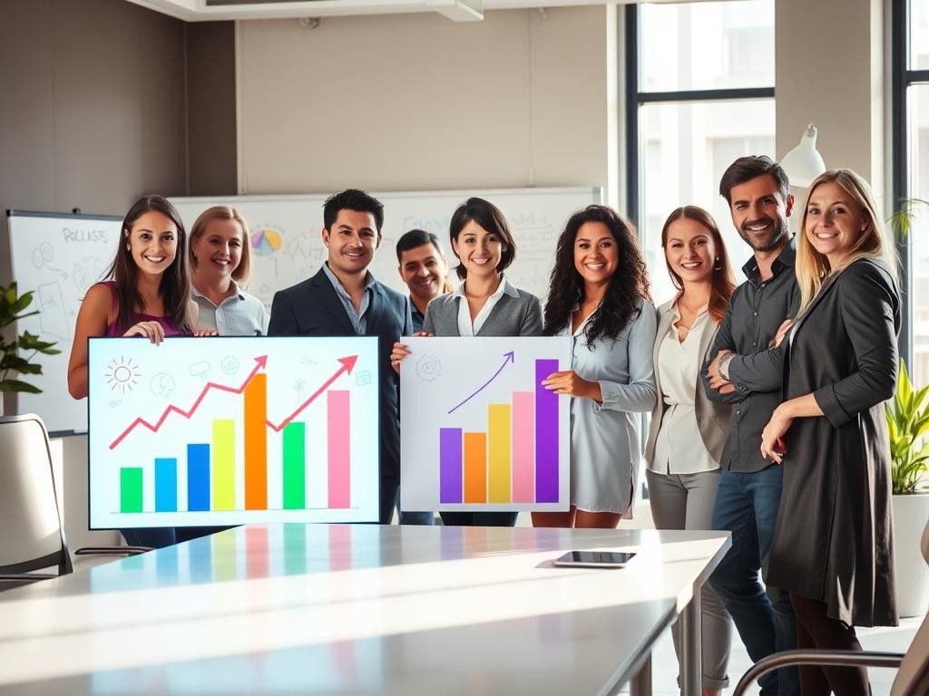lideres en oficina moderna analizando grafico colorido con entusiasmo y confianza