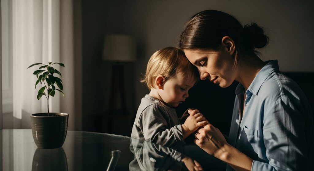 madre e hijo en tierno abrazo bajo luz calida