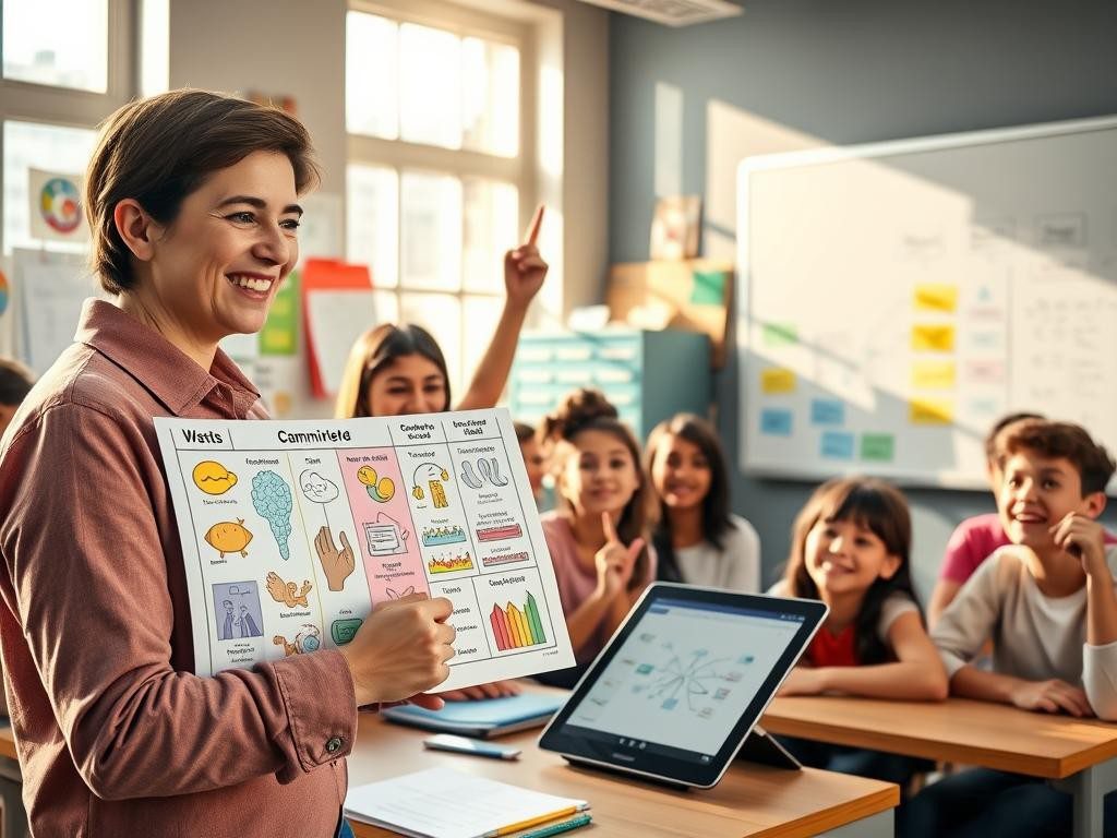 maestra sonriente con graficos coloridos estudiantes atentos y entusiastas