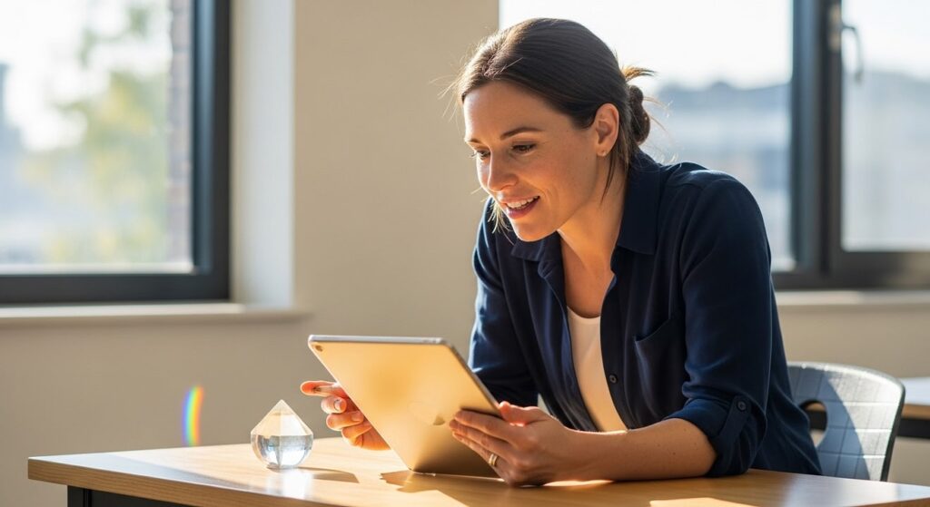 maestra sonriente con tableta en salon de clases soleado