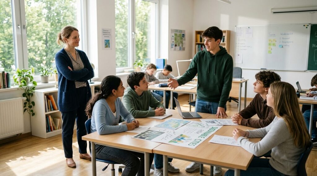 maestra sonriente observando alumnos trabajar en el aula