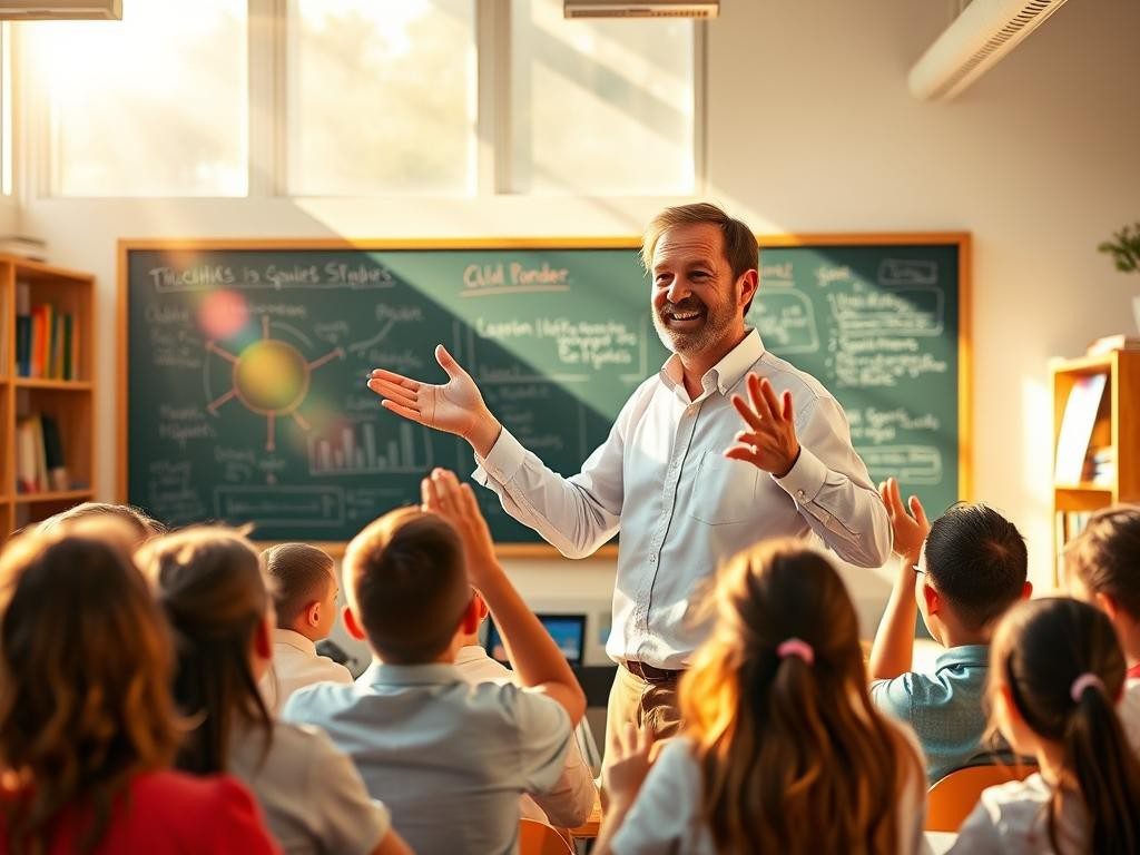 maestro confiado ensena en aula luminosa alumnos atentos y motivados