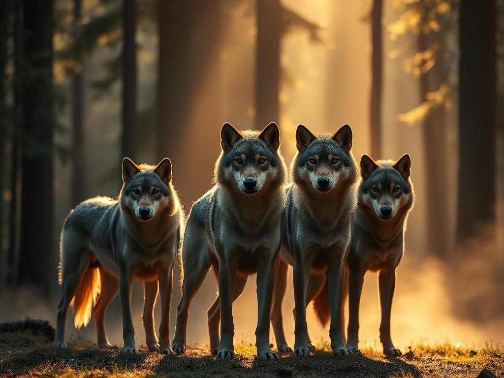 manada de lobos al amanecer en un claro liderados con confianza y fuerza