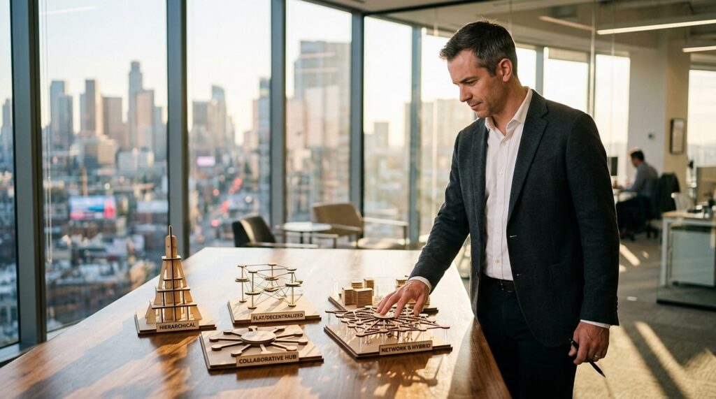 maquetas de estructuras sobre mesa de madera clara