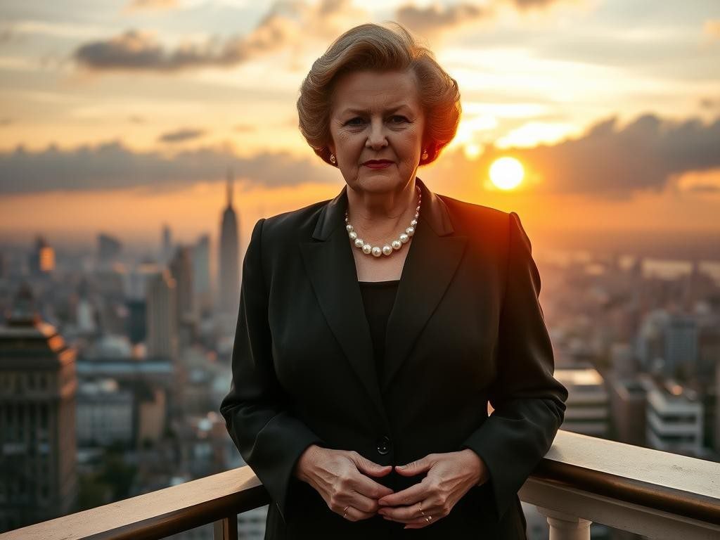 margaret thatcher en balcon ciudad al atardecer postura firme y decidida