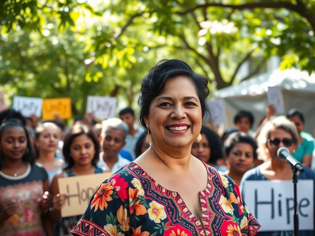 maritza sonrie con esperanza rodeada de comunidad vibrante y llena de color