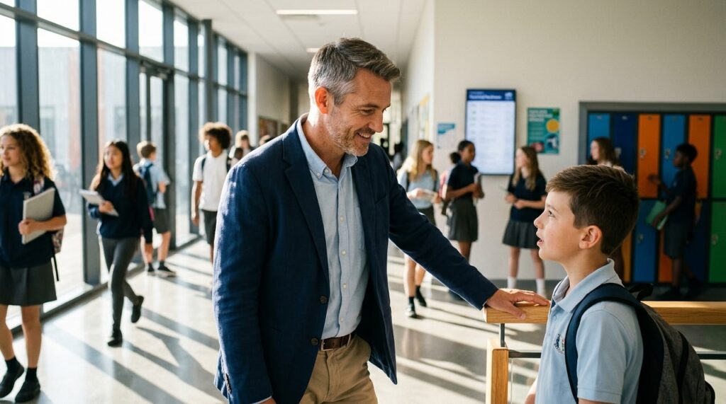 mentor hablando con alumno en pasillo escolar iluminado