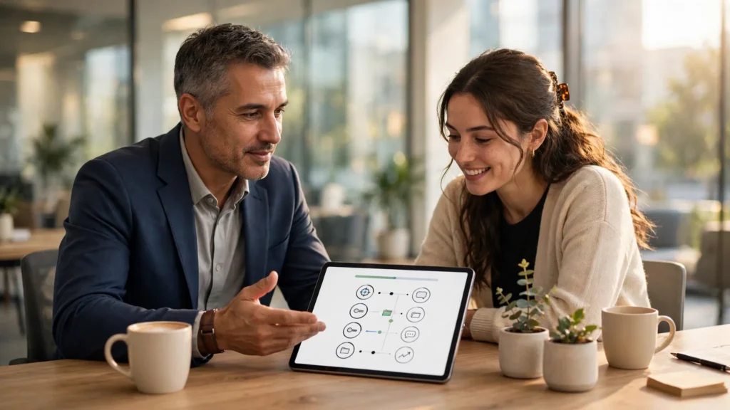 mentor orientando a nuevo colaborador con una tableta digital