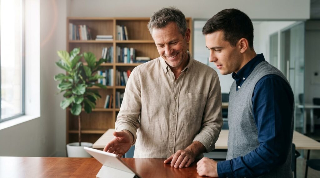 mentor senalando tableta luminosa a colega en oficina moderna