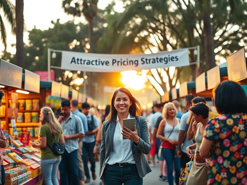 mercado matutino vibrante con duena confiada ofertas y clientes diversos