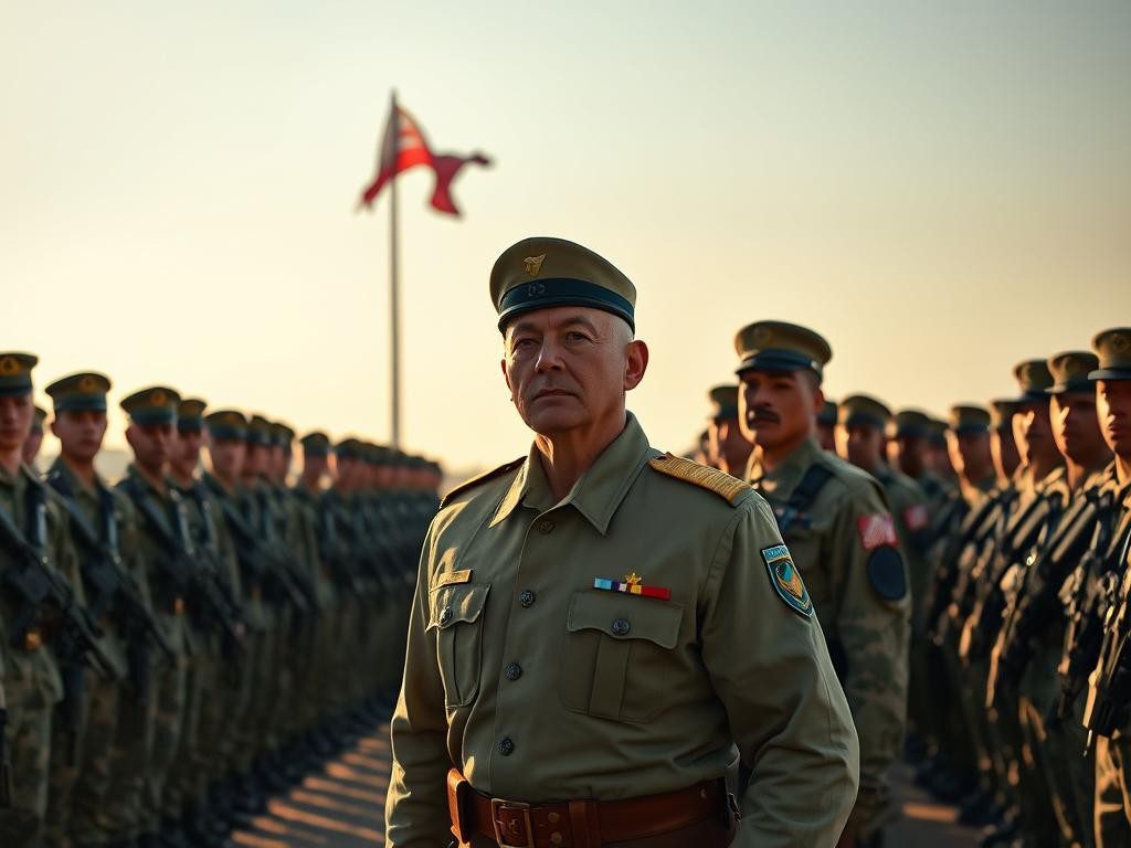 militar en formacion al amanecer liderando con calma y determinacion