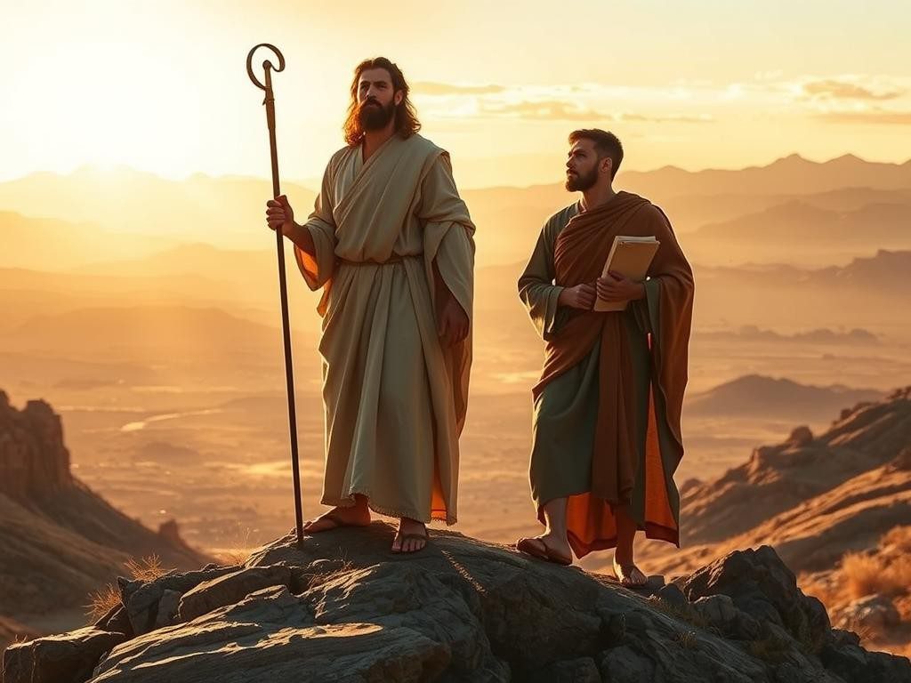 moises y josue en un amanecer dorado sobre un desierto vasto y rocoso