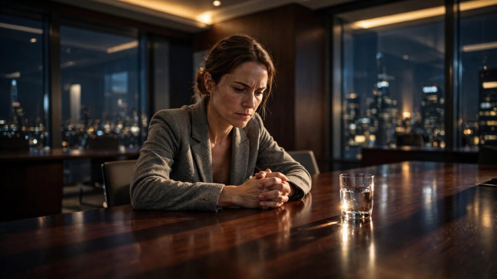 mujer analitica liderando junta en mesa corporativa de noche