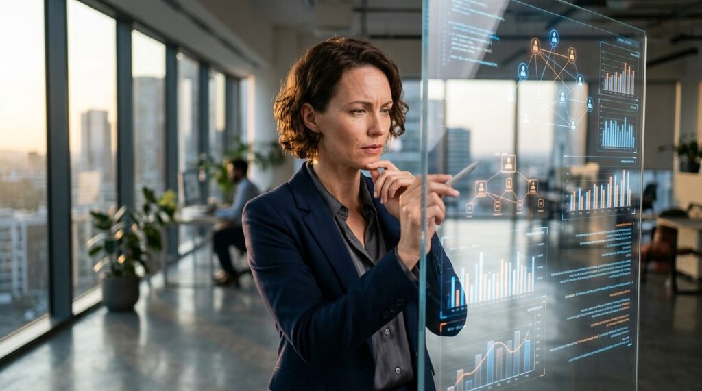 mujer analizando graficos en panel de cristal