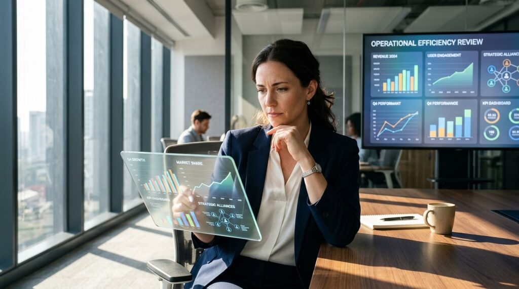 mujer analizando indicadores de rendimiento en una tablet