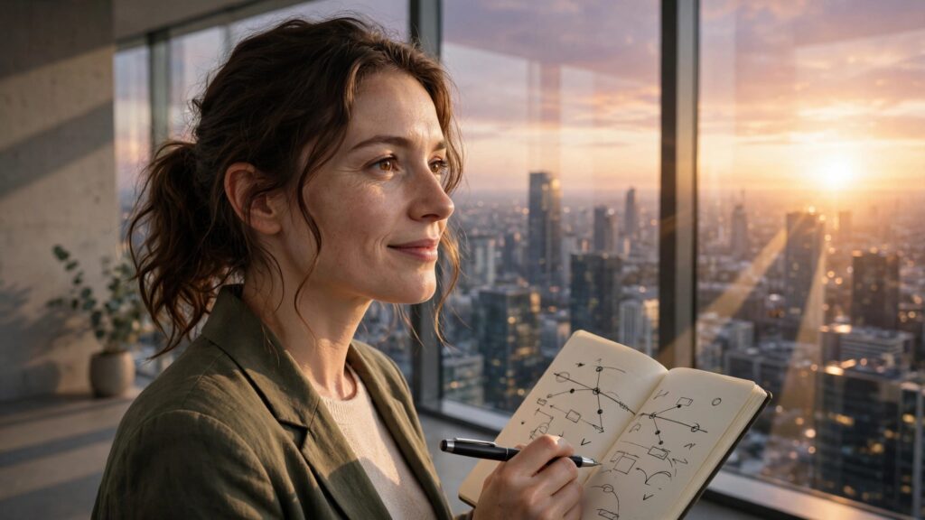 mujer con libreta observando la ciudad durante el amanecer