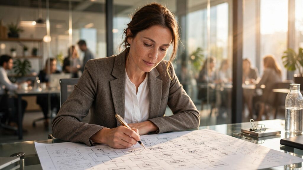 mujer concentrada revisando un plano en su escritorio iluminado