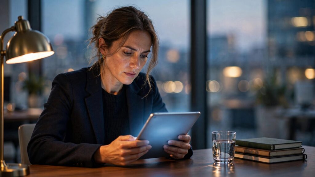mujer ejecutiva pensativa observando tableta luminosa en escritorio