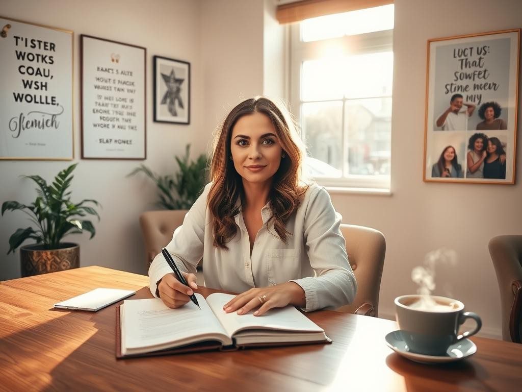 mujer en oficina calida luz natural notas plantas ambiente inspirador