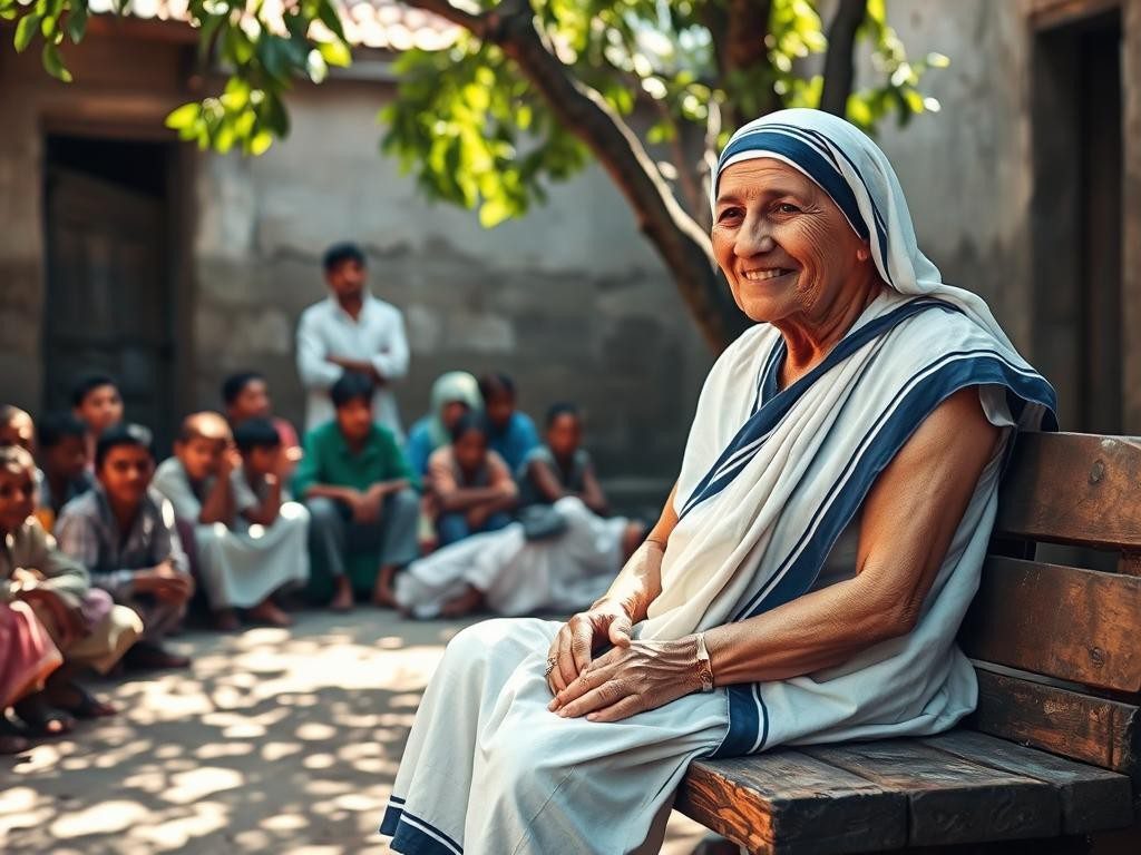 mujer en sari blanco con azul rodeada de ninos y ancianos luz suave
