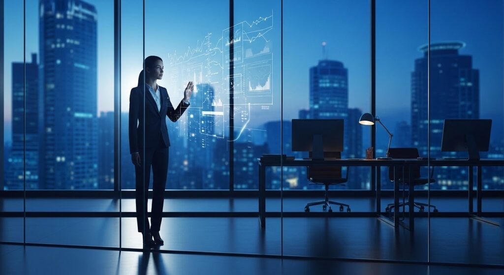 mujer enfocada frente a ventana oficina moderna al anochecer