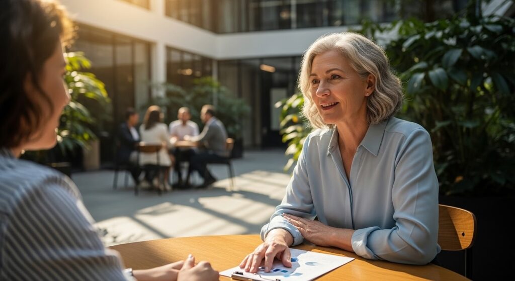 mujer experta escuchando atentamente en oficina moderna con plantas