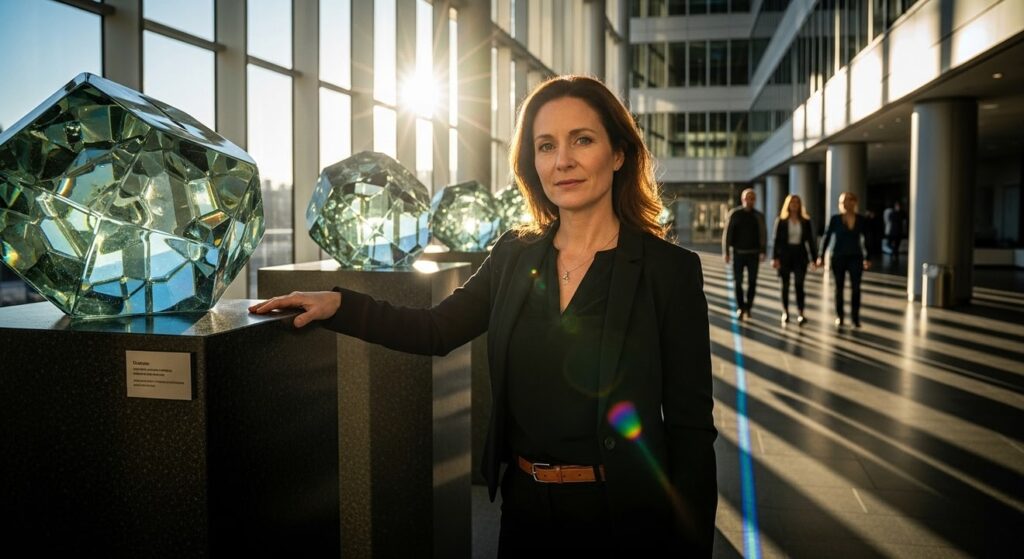 mujer inspirada ante esculturas de cristal en atrio moderno
