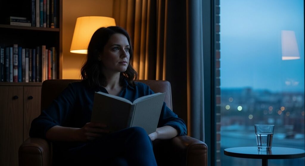 mujer inspirada leyendo libro en estudio moderno iluminado tenuemente