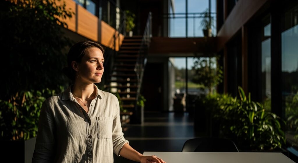 mujer joven contempla paisaje en atrio moderno con plantas