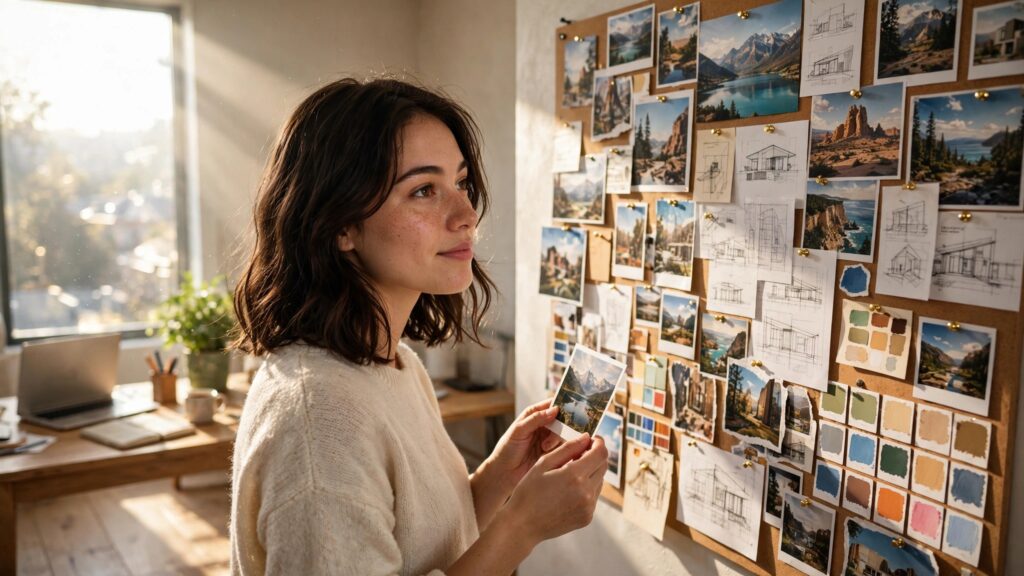 mujer joven contemplando un tablero de vision en su estudio