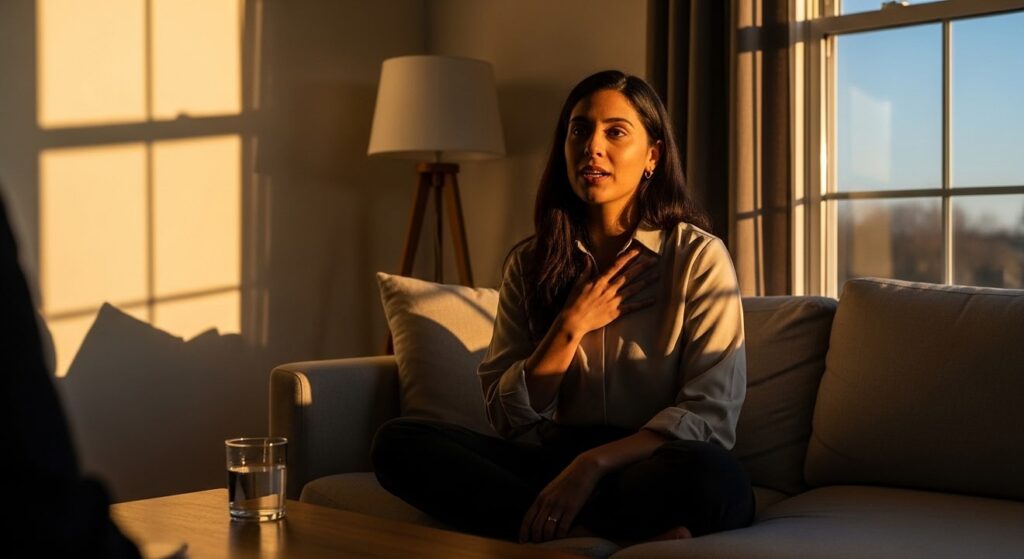 mujer joven conversa con empatia en sala iluminada sunlit