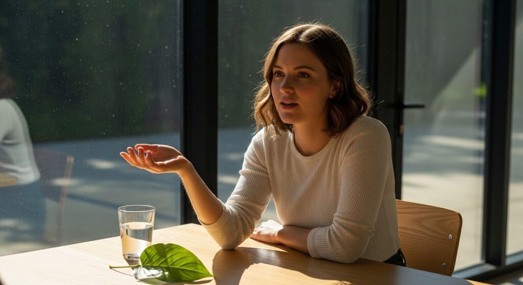 mujer joven conversando en estudio luminoso y moderno