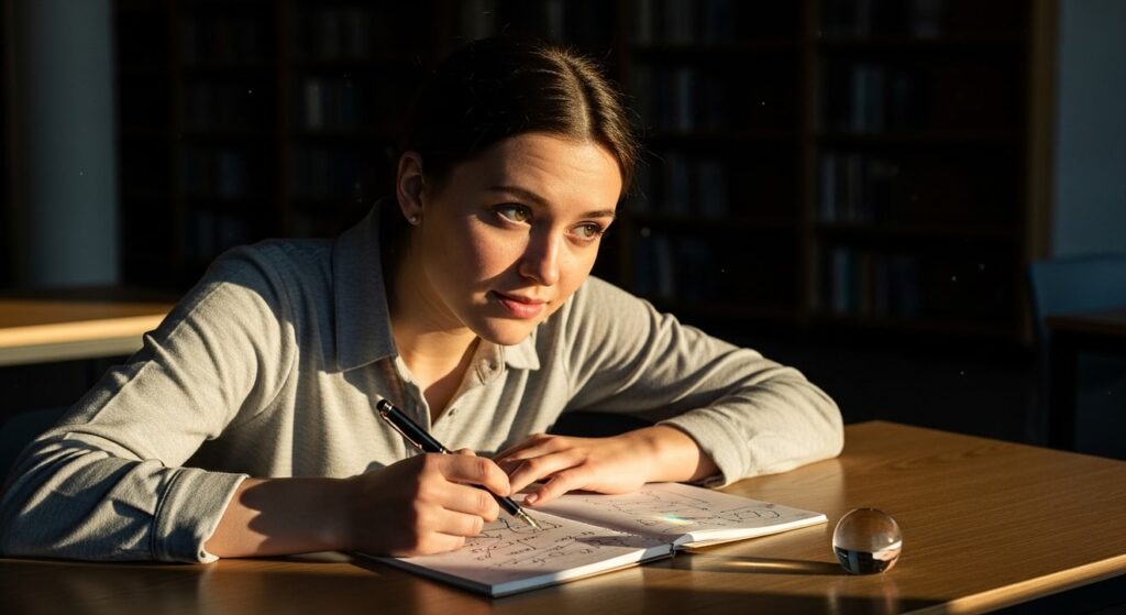 mujer joven descubre conocimiento en biblioteca con luz solar