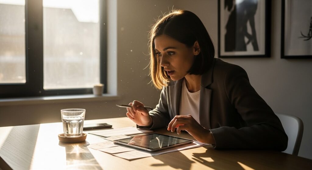 mujer joven descubre ideas en oficina iluminada al amanecer