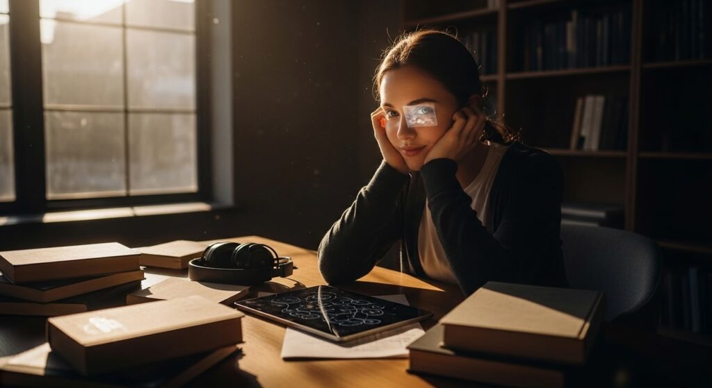 mujer joven estudia entre libros en biblioteca iluminada por sol