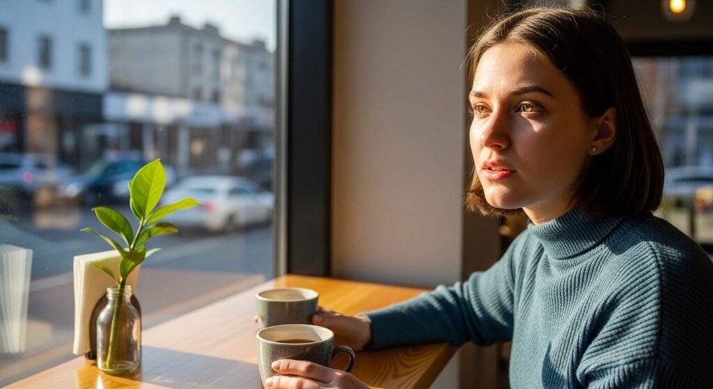 mujer joven reflexiona tomando cafe en un local soleado